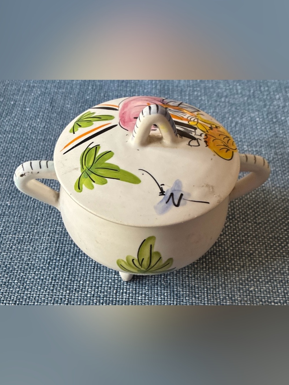 Signed Hand-Painted Ceramic Lidded Sugar Bowl - White with Green and Pink Accent